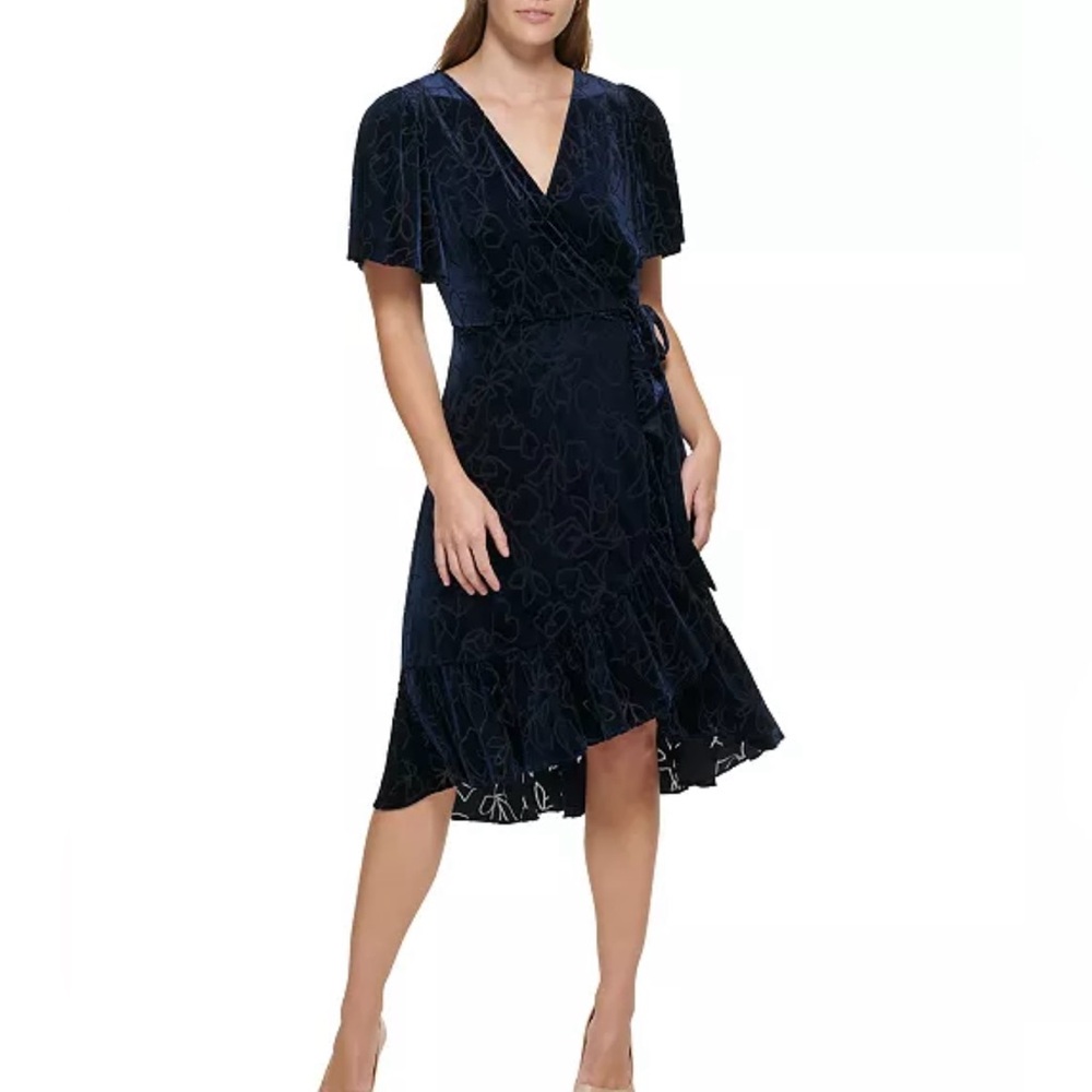Calvin Klein Blue Burnout Velvet Faux-Wrap A-Line Dress Size 2 NWOT  $159
